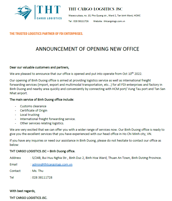 Announcement Of Opening New Office in Binh Duong Province. - THT Cargo  Logistics